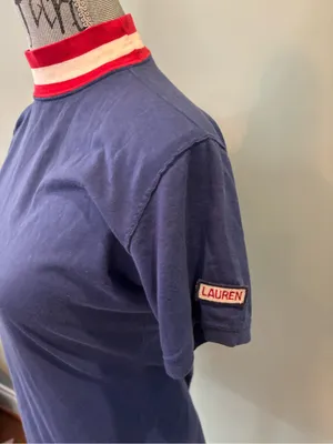 Vintage Lauren Ralph Lauren Royal Blue Tee with Red & White Striped Mock Neck thumbnail 2