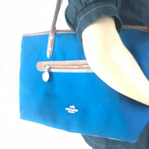 COACH Large Blue Brown Fabric Shoppers Tote thumbnail 6