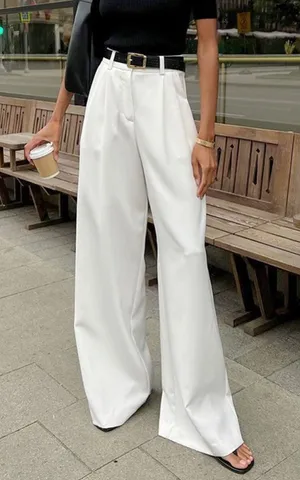 Commense Solid Wide Leg Pants Without Belt size small White thumbnail 1