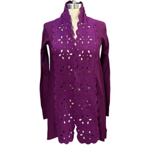 Sleeping On Snow Anthropologie XS Plum‎ Purple Scalloped Laser Cut Cardigan Knit thumbnail 2