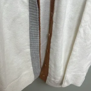 White and Brown Cardigan with Color-Blocked Collar thumbnail 4
