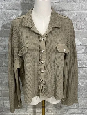 Amazon Women's Tan Button-Up Waffle Knit Button Up Shacket/TOP thumbnail 1