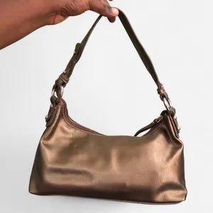 Y2K Brown Gold Metallic Leather Cargo Buckles Shoulder Hobo Hand Bag Purse Satchel Top Handle O-Ring Silver Accents #Grunge #Cyber #Goth #Punk #Acubi Vintage Mcbling Preppy Measurement in pics Great condition thumbnail 4