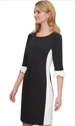 DKNY NWT -1233 Black Ivory Colorblock Sheath Dress 3/4‎ Bell Sleeve Size 8 thumbnail 1