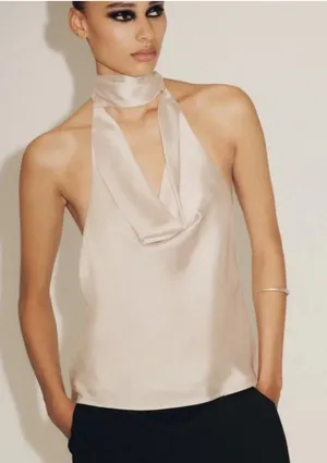 Zara Cream Satin Halter Cowl Top with Fringe thumbnail 1