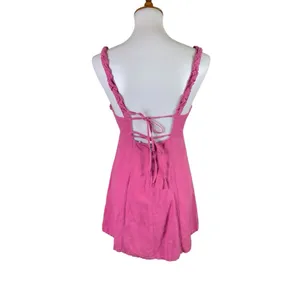 Zara M Pink Linen Blend Mini Dress Square Neck Braided Strap Coastal Y2K thumbnail 3