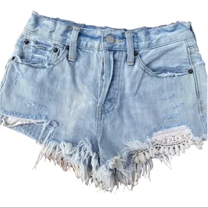 FREE PEOPLE Womens Cut Off Light Wash Crochet Denim Distressed Shorts Size 24 thumbnail 3