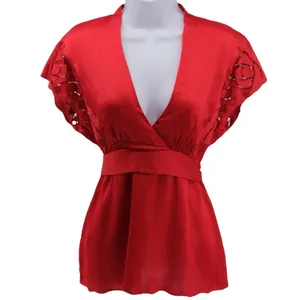 Y2K BCBGMaxAzria Cherry Red Babydoll Sweetheart Tieback Blouse Eyelet Size‎ S thumbnail 2