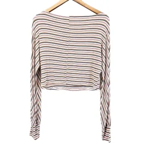 Sadie & Sage Womens M Crop Top Long Sleeves Ribbed Striped Cream‎ Blue Tan Rust thumbnail 3