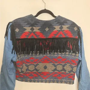 Vintage Rhonda Stark Southwestern Wool Blend and Denim Jacket With Fringe Large thumbnail 5