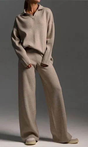 Mapcie NWT $58 2 Piece Set 2-pc Knit Outfit Sweater Pants Set Khaki Brown Large thumbnail 1