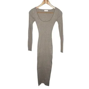 ✨Meshki Taupe Tan Cali Long Sleeve Ribbed High Slit Midi Sz Large Dress✨ thumbnail 7