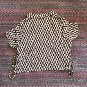 Sweet Rain Young Contemporary Retro Brown Print Button Up Crop Side Tie Polo thumbnail 5