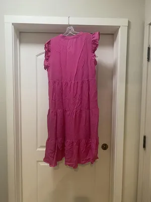 Entro Dress Womens Large Pink Ruffle Flutter Sleeve Tiered Swing Midi thumbnail 4