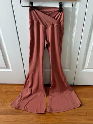 Aerie Offline Real Me High Waisted Crossover Rib Super Flare Leggings in Coral thumbnail 1