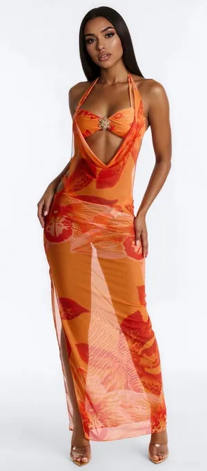Orange Floral 3 Piece Bikini Set & Cover Up Cowl Neck Dress Sunsuit thumbnail 1