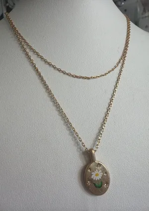 Gold Plated Double Chain Pendant Necklace Painted Daisy Stars SU CZ CH Adj 19" thumbnail 1