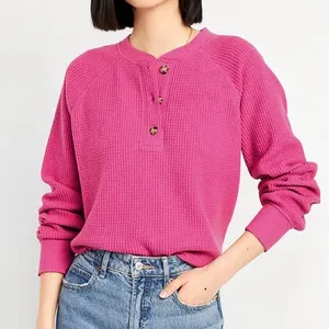 Old Navy Hot Pink Waffle Knit Henley Long Sleeve‎ Sweater thumbnail 5