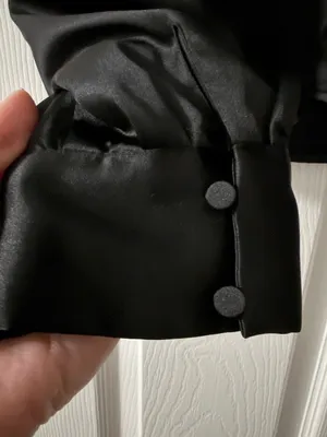 Black Satin Peplum Blouse Mock Neck Keyhole Puff Sleeve Top Office L InTempo thumbnail 6