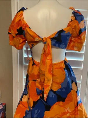 Backless Puff-Sleeve Floral Midi Dress - Orange & Blue thumbnail 4