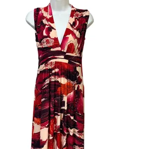Veronica M Jenny Abstract V-Neck Shirred Shoulder Maxi‎ Dress Pink Orange S NEW thumbnail 3