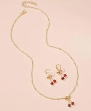 18K Gold Plated Cherry Jewelry Set Cherry Pendant Necklace Crystal Cherry Dangle Drop Earrings(2pcs/set) thumbnail 2