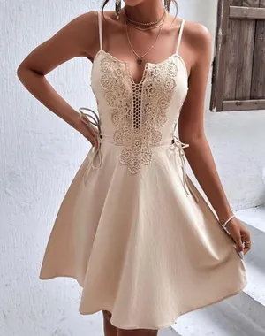 NWOT Lace Up Side Contrast Guipure Lace Cami Dress - Cream - L thumbnail 1
