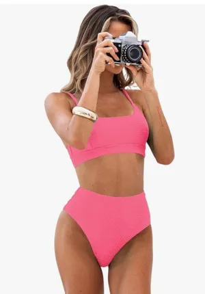 Cupshe NEW Pink Bikini Set 2 pc Bathing Suit High Waisted Ribbed Texture XL 16/18 thumbnail 1
