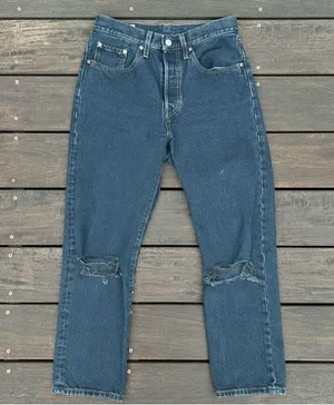 Levi's Straight Leg 501 Dark Wash Blue Denim Jeans w/ Distressed Knees thumbnail 5