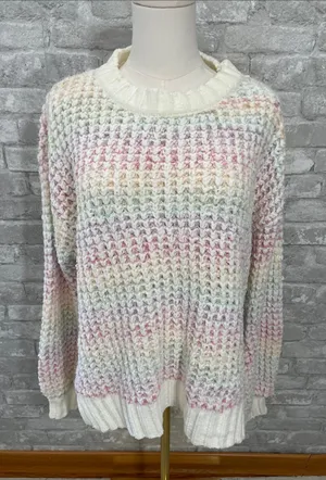 Altar'd State Cream Crewneck Sweater with Pastel Stripes thumbnail 1
