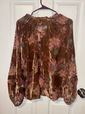 Fate Brown Velvet Floral boho sheer Tie-Neck Peasant Blouse thumbnail 4