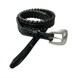 Nocona Womens Black Leather Belt 28 Silvertone Buckle 1.25in Rope Metallic USA thumbnail 1