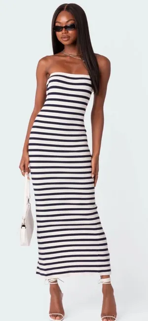 Edikted Maxi Dress Stripe Navy White Knit thumbnail 1