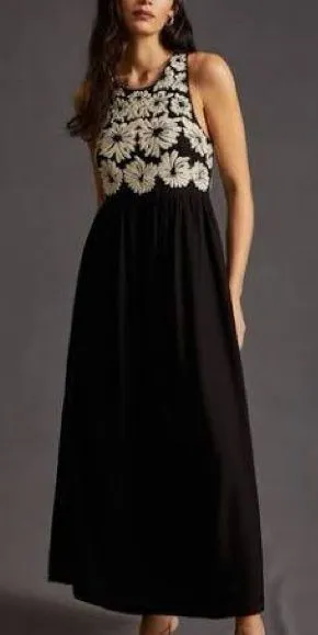 Anthropologie Floral Embroidered Maxi Dress Womens XS Black NWT Convertible Back thumbnail 1