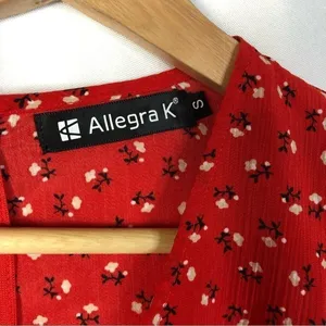 Allegra K Cherry Red Floral‎ Ruffle Trim Short Sleeve Mini Dress S thumbnail 5