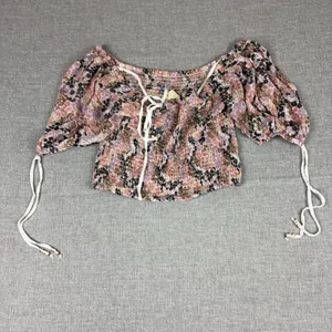 Free People Blouse Womens Small Off Shoulder Puff Sleeve Cropped Floral thumbnail 9