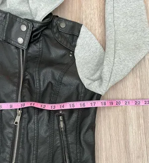 Last Kiss Y2K Black Leather Hybrid Gray Hooded Zip Moto Jacket Size Medium thumbnail 13
