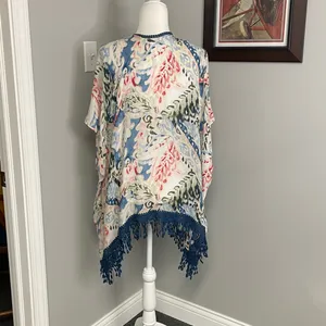 Chicos Floral crochet tassel loose cardigan shawl lightweight colorful S/M thumbnail 4