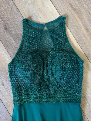 Sherri Hill Teal Beaded Halter Prom Gown with Side Slit thumbnail 4