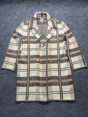 Anne Klein Plaid Double-Breasted Pea Coat in Cream & Tan thumbnail 1