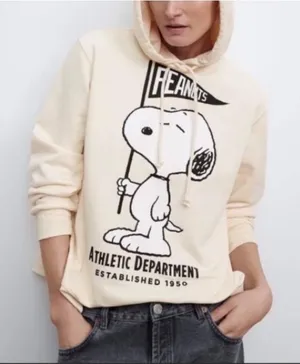 ZARA Peanuts Snoopy Cream Hoodie Sz M thumbnail 1
