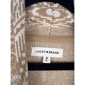 Women's Lucky Brand Tan White Patterned Fringe Cardigan M Boho Festival thumbnail 3