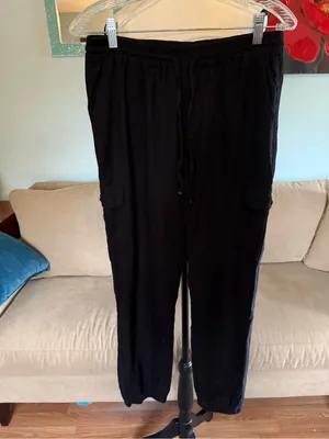 Love Tree Cargo Linen Pants Womens L Large Trousers High Rise Jogger Black thumbnail 2