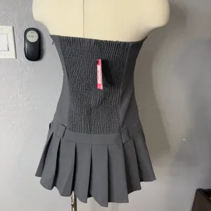 EDIKTED Pleated Drop Waist Mini Dress, Dark Gray, M thumbnail 3