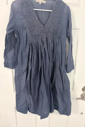 Smocked V-Neck Midi Dress in Slate Blue thumbnail 1
