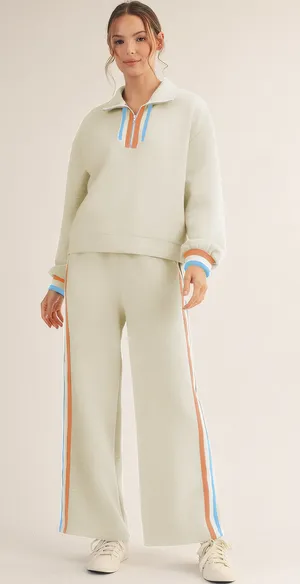 JODIFL Striped Detail Quarter-Zip Pullover and Straight Leg Sweatpants Matching Set Cream Multi thumbnail 1