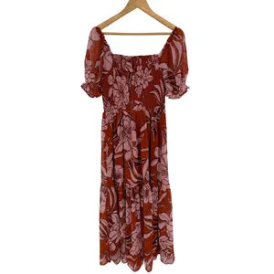Patrons of‎ Peace Floral Midi Dress Medium Rust Pink Smocked Puff Sleeve Boho thumbnail 6