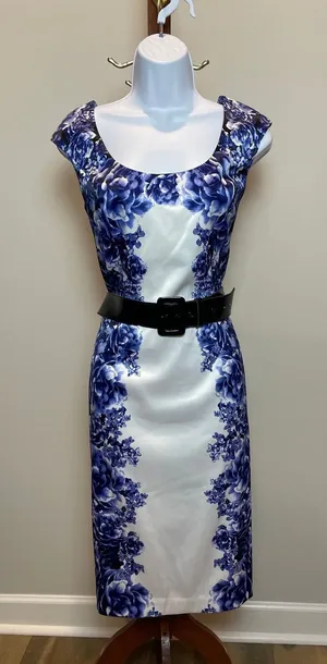 White House Black Market White Blue Floral Satin Sheath Dress Fully Lined Size 8 thumbnail 1