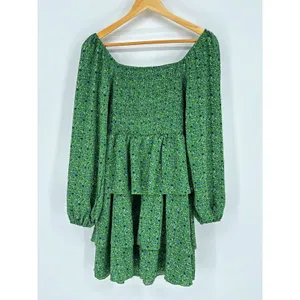 BTFBM Floral Tiered Mini Dress Size Small Green Smocked Long Sleeve Boho Prairie thumbnail 6