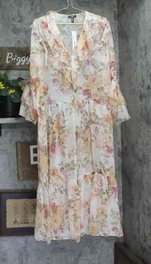 Aqua Womens Flowy Lightweight Floral Ruffle Maxi Dress IDM12134 Yellow / White L thumbnail 1